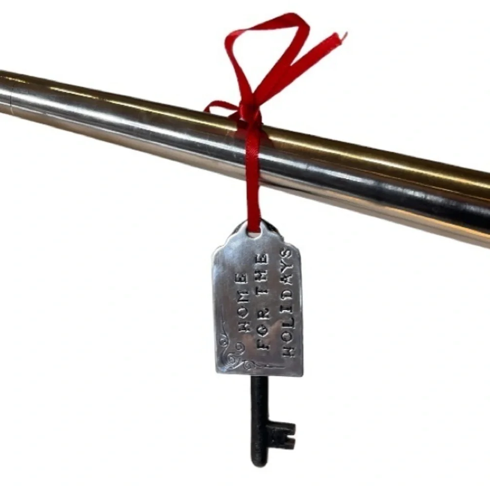 Handmade‎ stamped silver aluminum tag cast iron skeleton key holiday ornament
